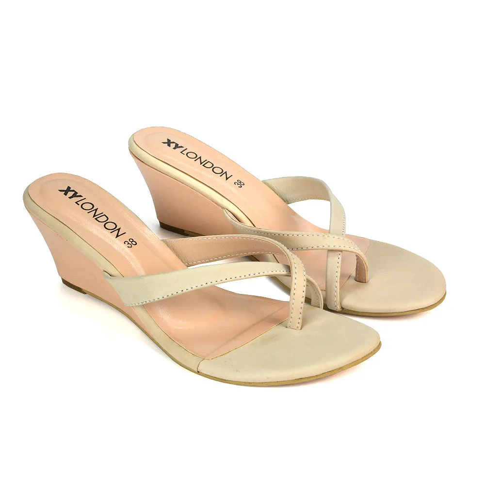 Shona Toe Post Slip On Flip Flop Low Wedge Heel Sandal Mules in Beige
