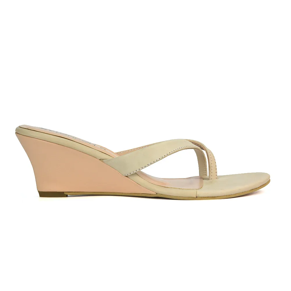 Shona Toe Post Slip On Flip Flop Low Wedge Heel Sandal Mules in Beige