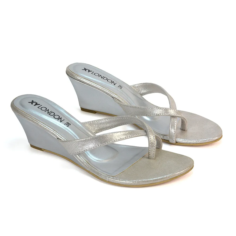 Shona Toe Post Slip On Flip Flop Low Wedge Heel Sandal Mules in Beige