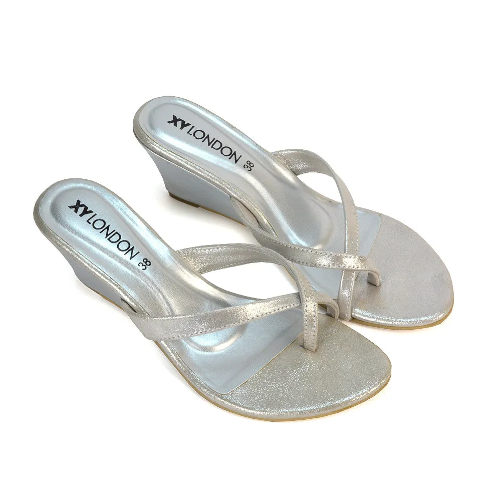 Shona Toe Post Slip On Flip Flop Low Wedge Heel Sandal Mules in Beige