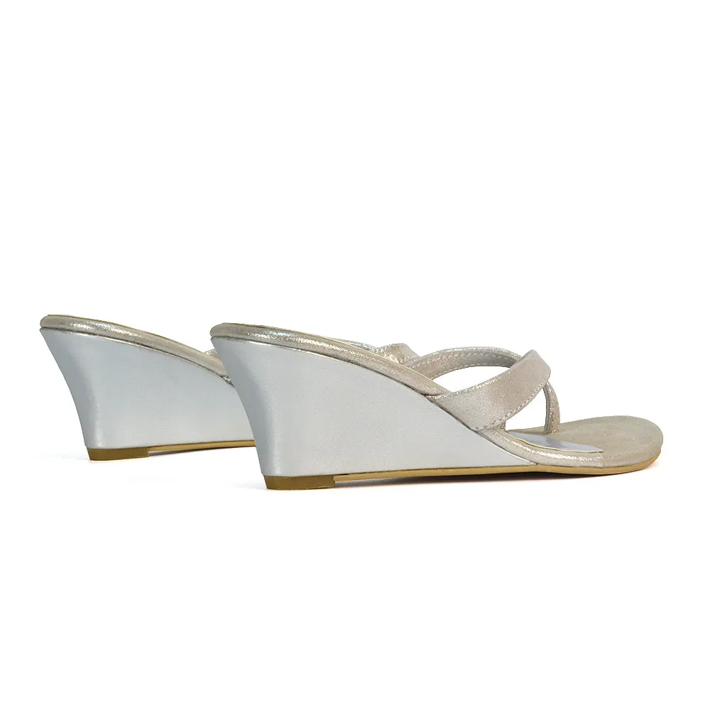 Shona Toe Post Slip On Flip Flop Low Wedge Heel Sandal Mules in Beige