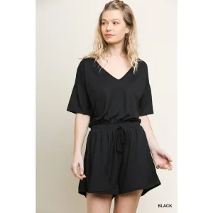 Short Sleeve V-Neck Pocket Romper with an Elastic Drawstring Waist