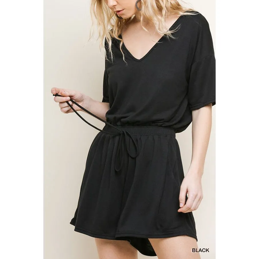 Short Sleeve V-Neck Pocket Romper with an Elastic Drawstring Waist