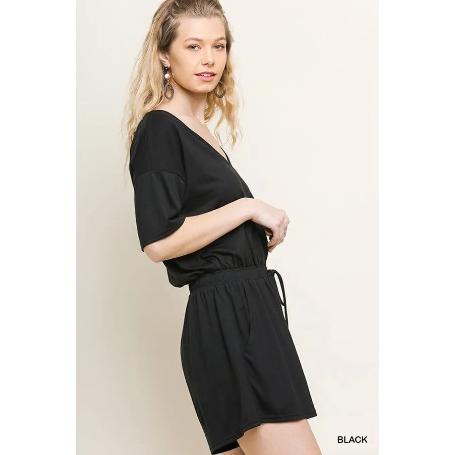 Short Sleeve V-Neck Pocket Romper with an Elastic Drawstring Waist