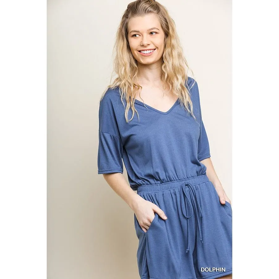 Short Sleeve V-Neck Pocket Romper with an Elastic Drawstring Waist