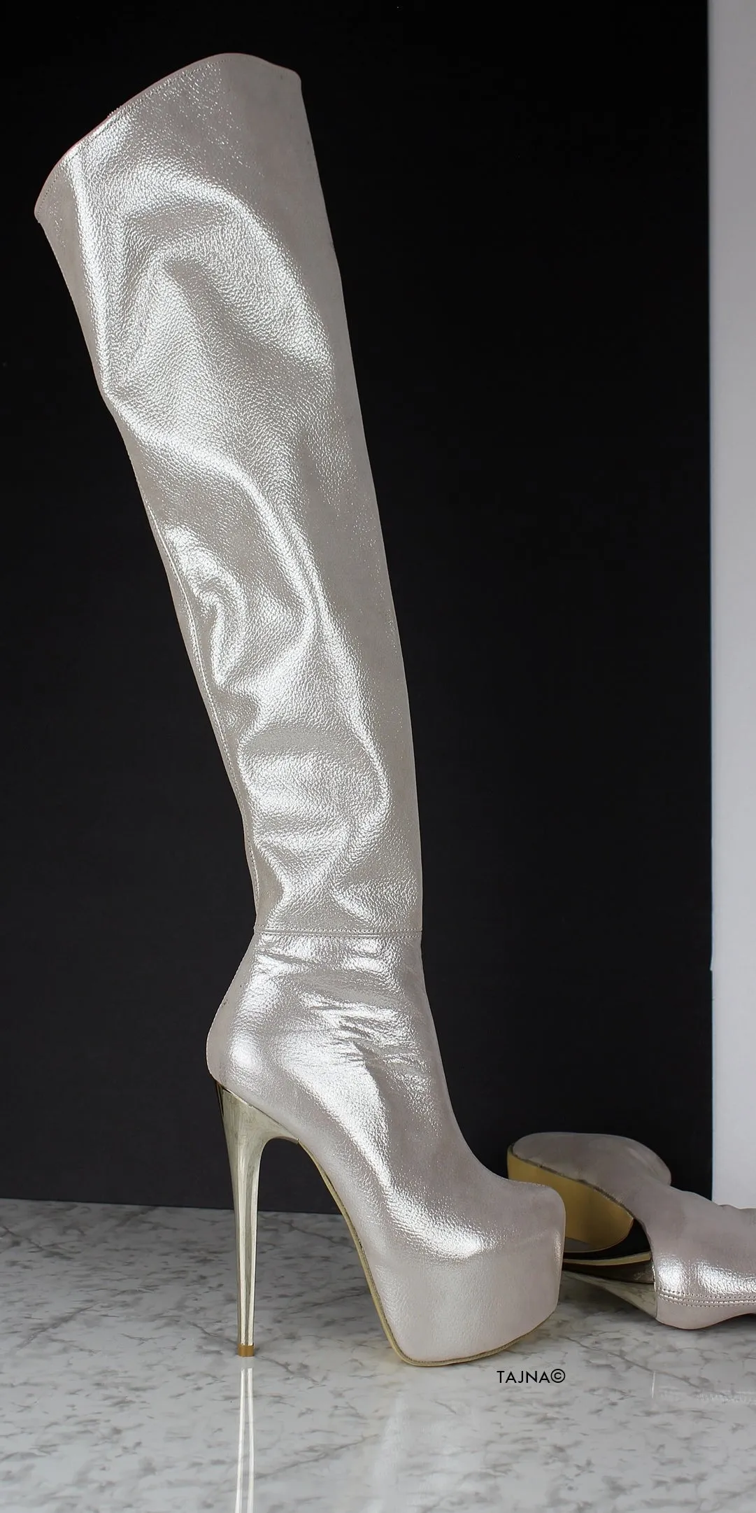 Silver Genuine Leather Over The Knee Boots