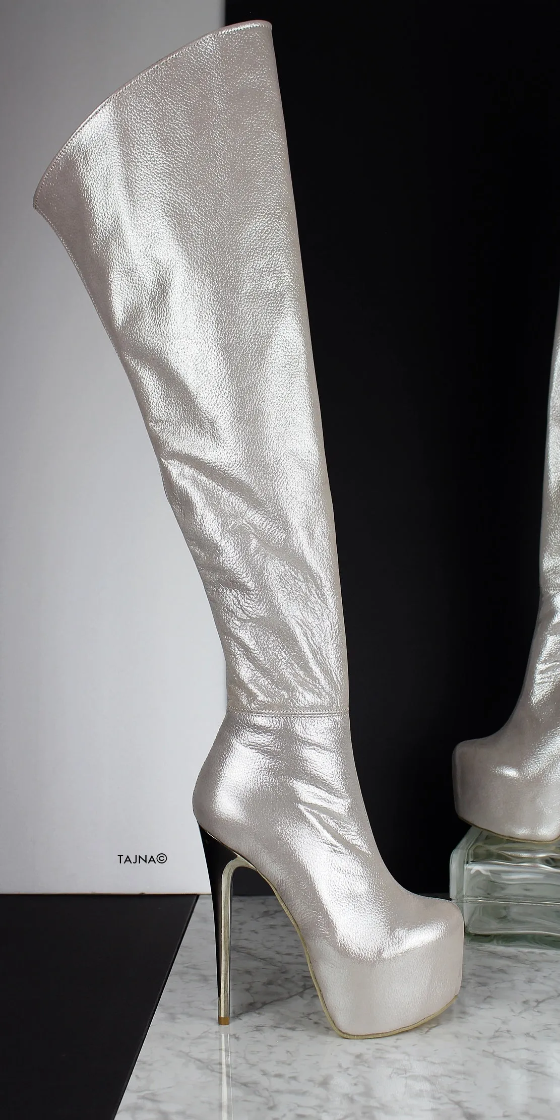 Silver Genuine Leather Over The Knee Boots
