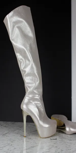 Silver Genuine Leather Over The Knee Boots