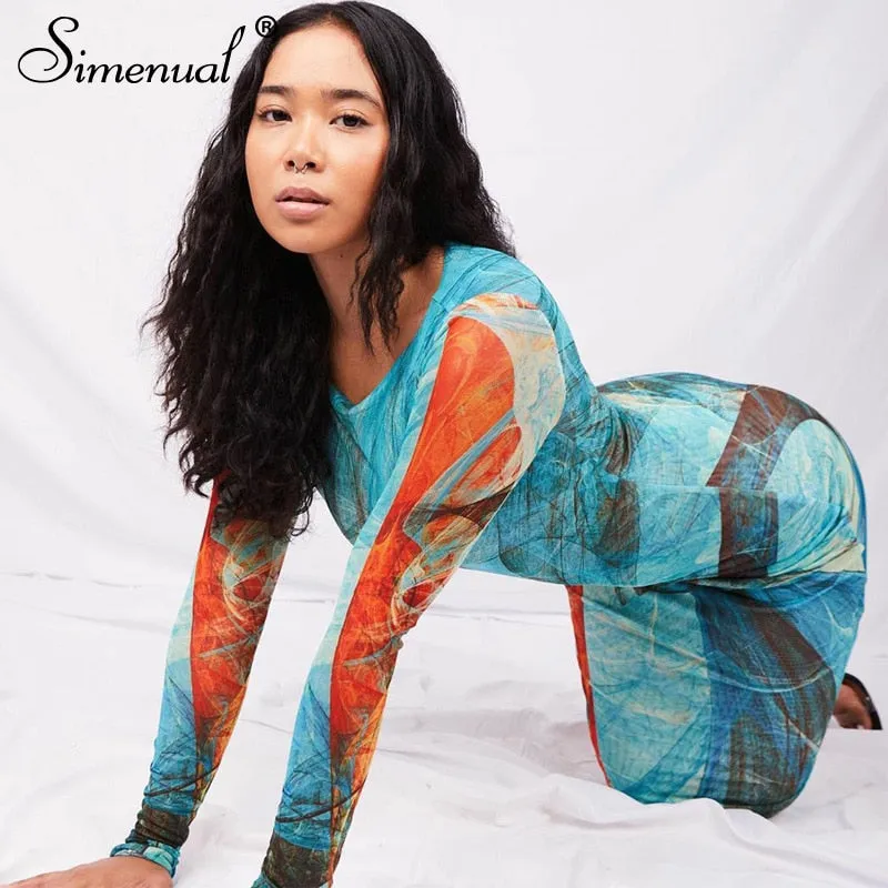 Simenual Gedruckt Sexy Frauen Langarm Party Kleider Mode Herbst 2020 Clubwear Dünne Bodycon Midi Kleid Heiße Weibliche Tuch
