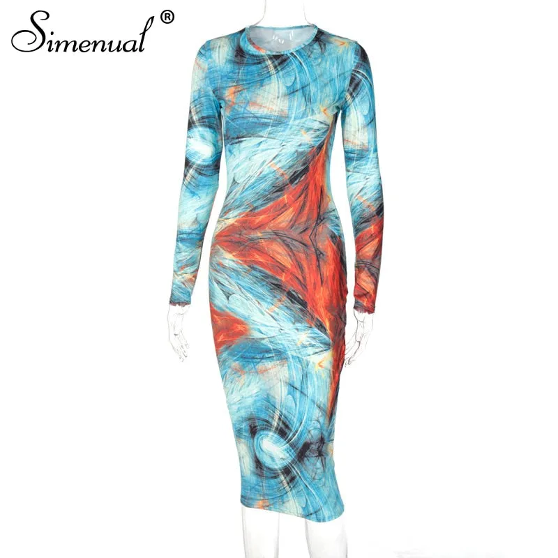 Simenual Gedruckt Sexy Frauen Langarm Party Kleider Mode Herbst 2020 Clubwear Dünne Bodycon Midi Kleid Heiße Weibliche Tuch