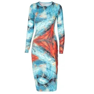 Simenual Gedruckt Sexy Frauen Langarm Party Kleider Mode Herbst 2020 Clubwear Dünne Bodycon Midi Kleid Heiße Weibliche Tuch