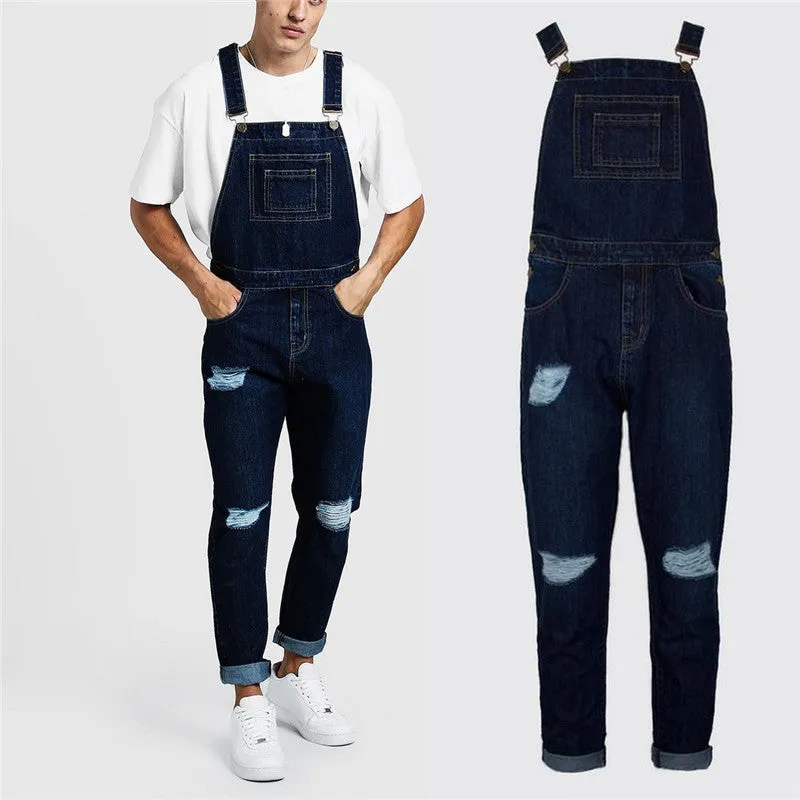 Skinny Denim Vintage Men's Overalls Ripped Trousers Jumpsuits Jeans