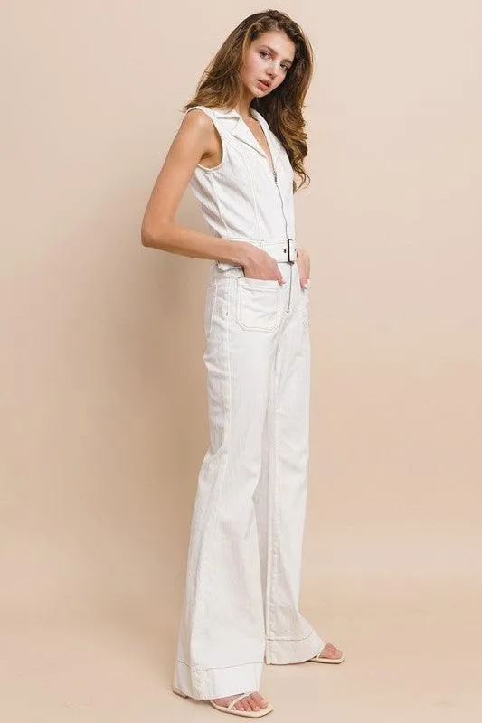 SLEEVELESS BELTED LONG FLARE DENIM JUMPSUIT