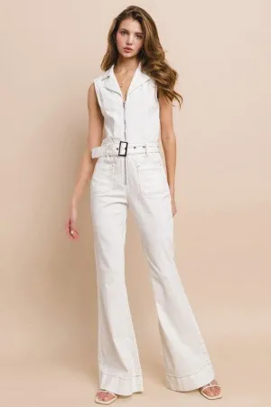 SLEEVELESS BELTED LONG FLARE DENIM JUMPSUIT