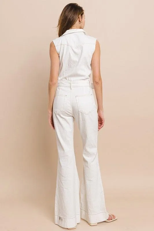 SLEEVELESS BELTED LONG FLARE DENIM JUMPSUIT