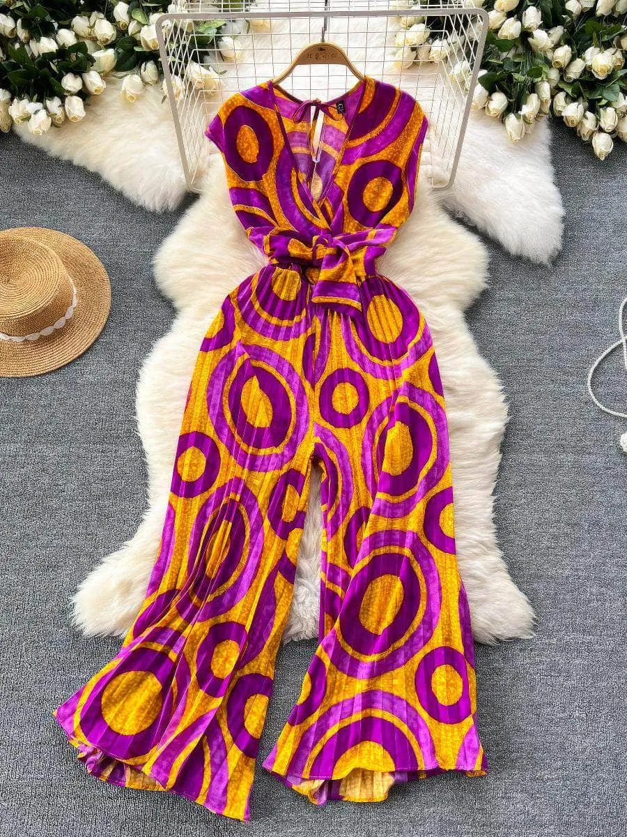 Sleeveless Geo Floral Print Pleated Hem Flared Jumpsuit