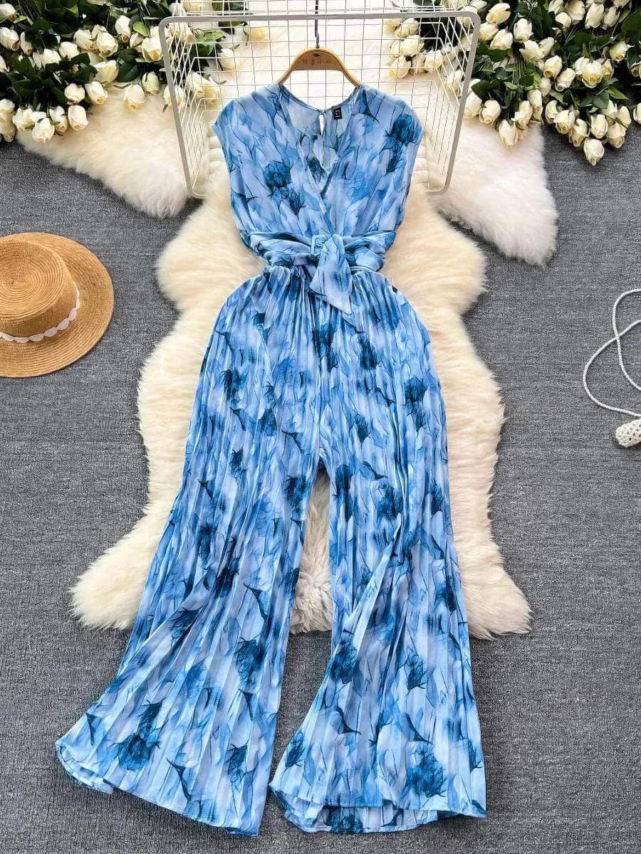 Sleeveless Geo Floral Print Pleated Hem Flared Jumpsuit