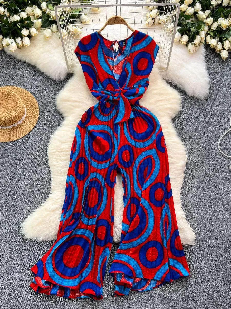 Sleeveless Geo Floral Print Pleated Hem Flared Jumpsuit