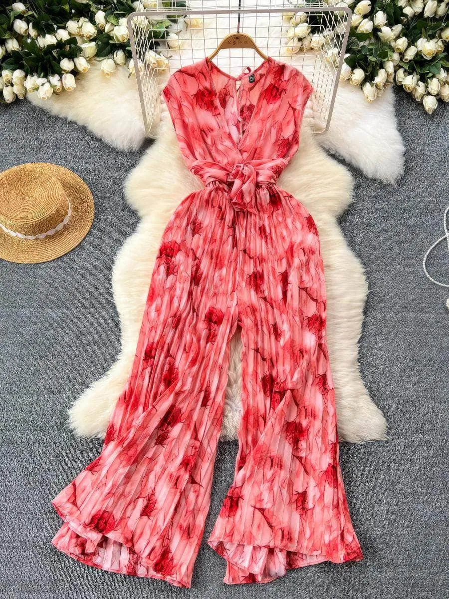Sleeveless Geo Floral Print Pleated Hem Flared Jumpsuit
