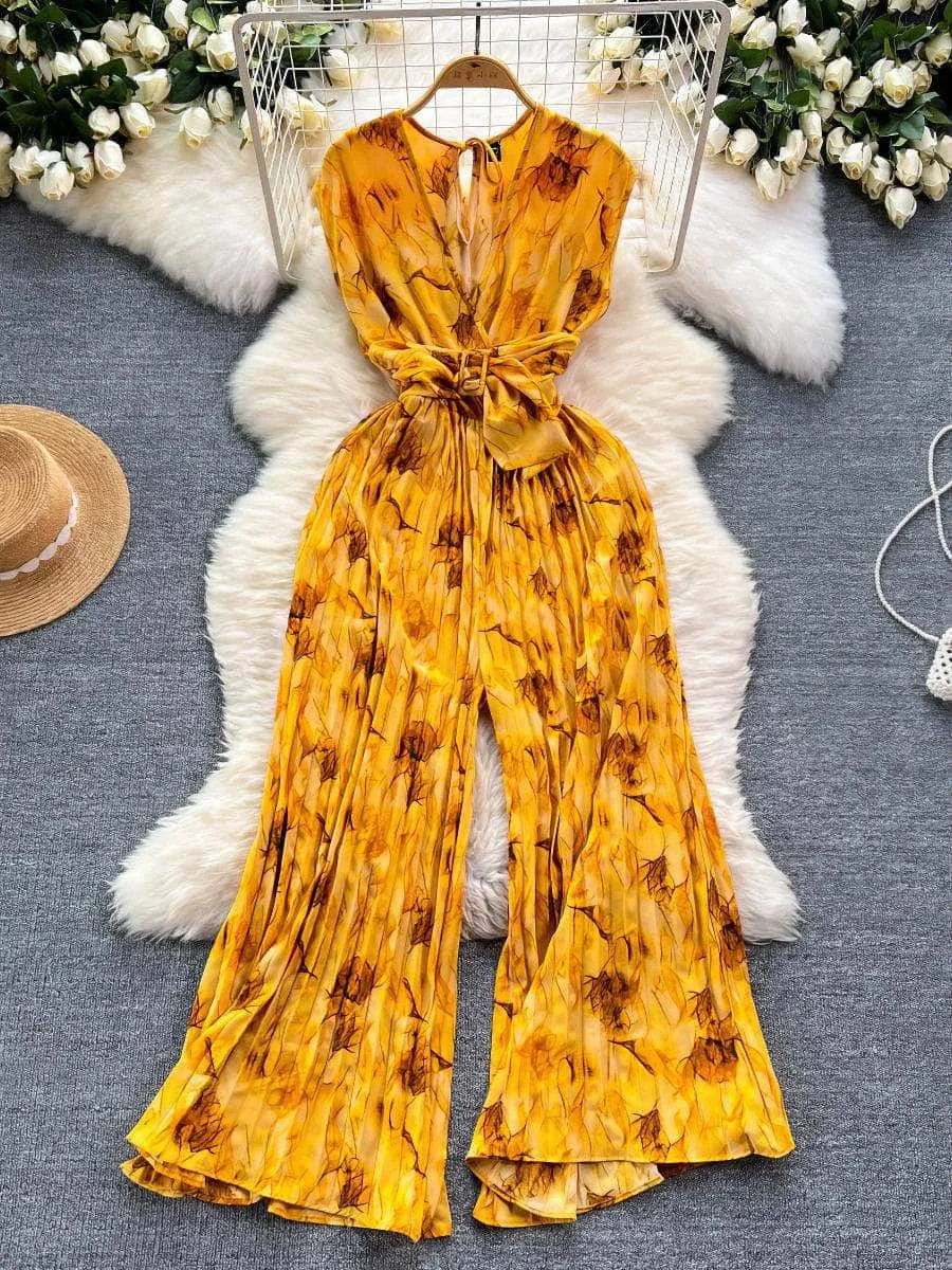 Sleeveless Geo Floral Print Pleated Hem Flared Jumpsuit