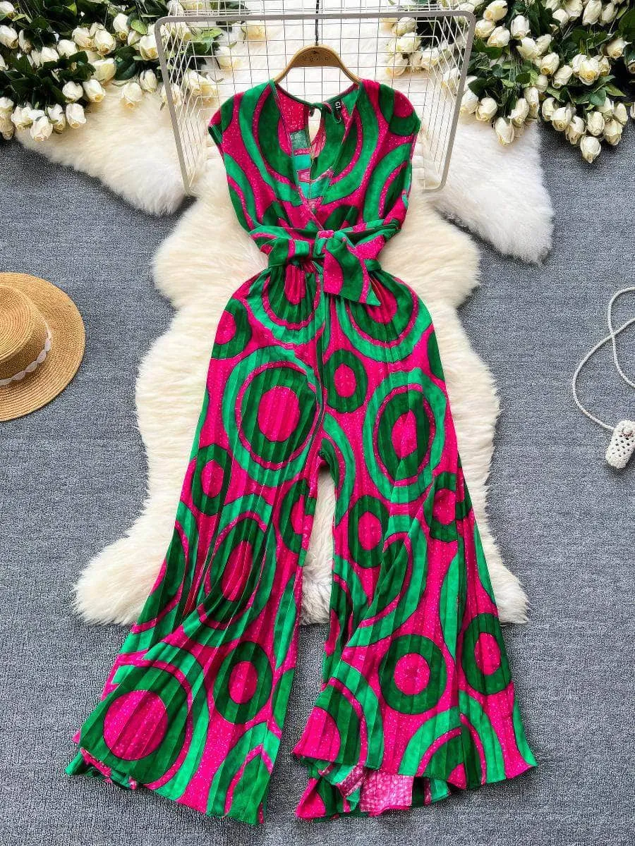 Sleeveless Geo Floral Print Pleated Hem Flared Jumpsuit