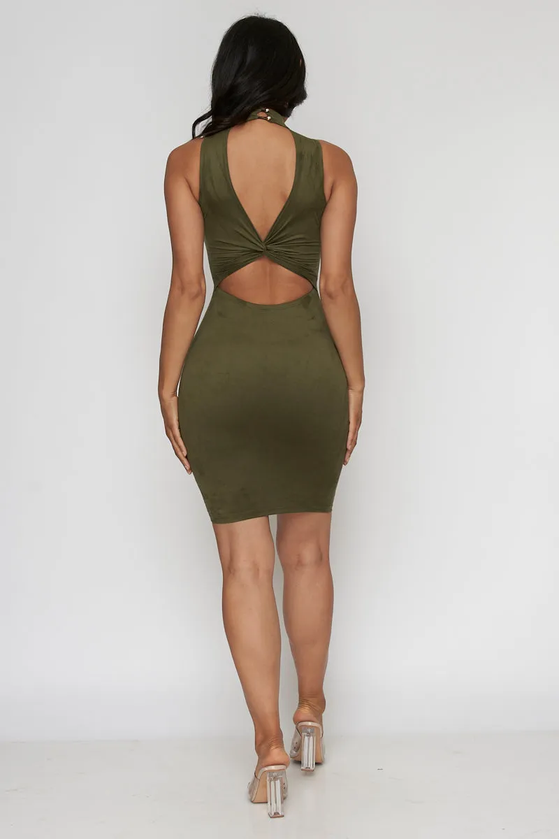 Sleeveless Twisted  Back Suede Mock Neck Mini Dress* (D2148-D2237)