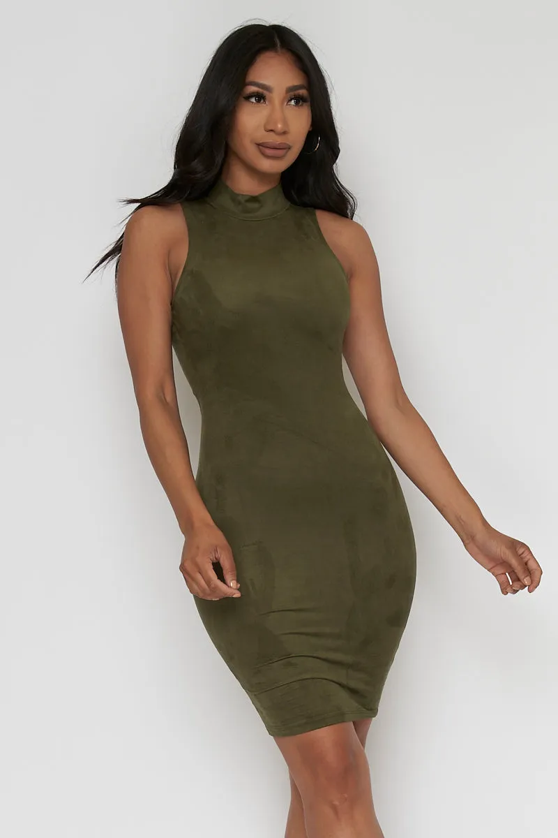 Sleeveless Twisted  Back Suede Mock Neck Mini Dress* (D2148-D2237)
