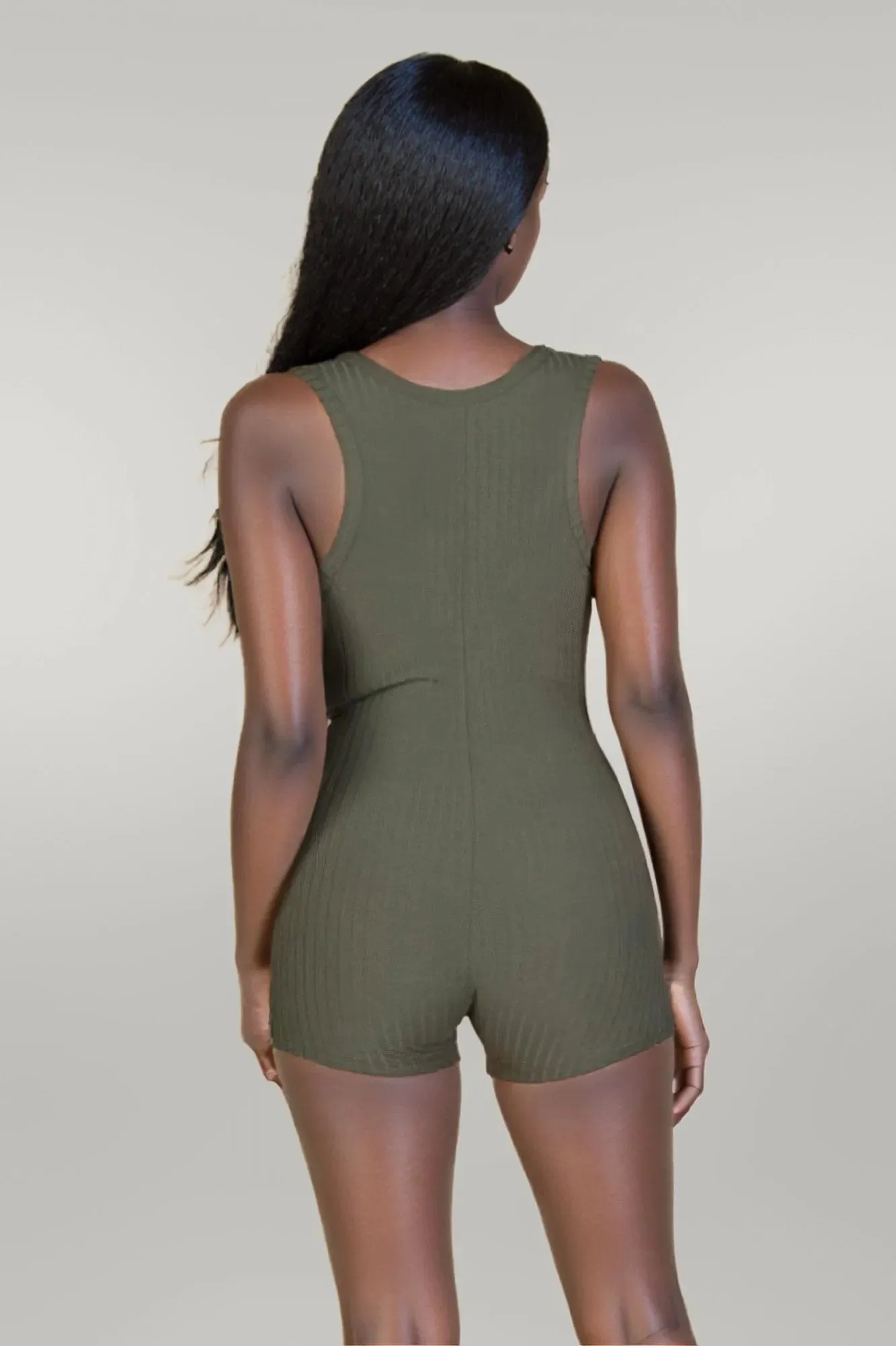 Solid Ribbed Slit Neckline Sleeveless Romper