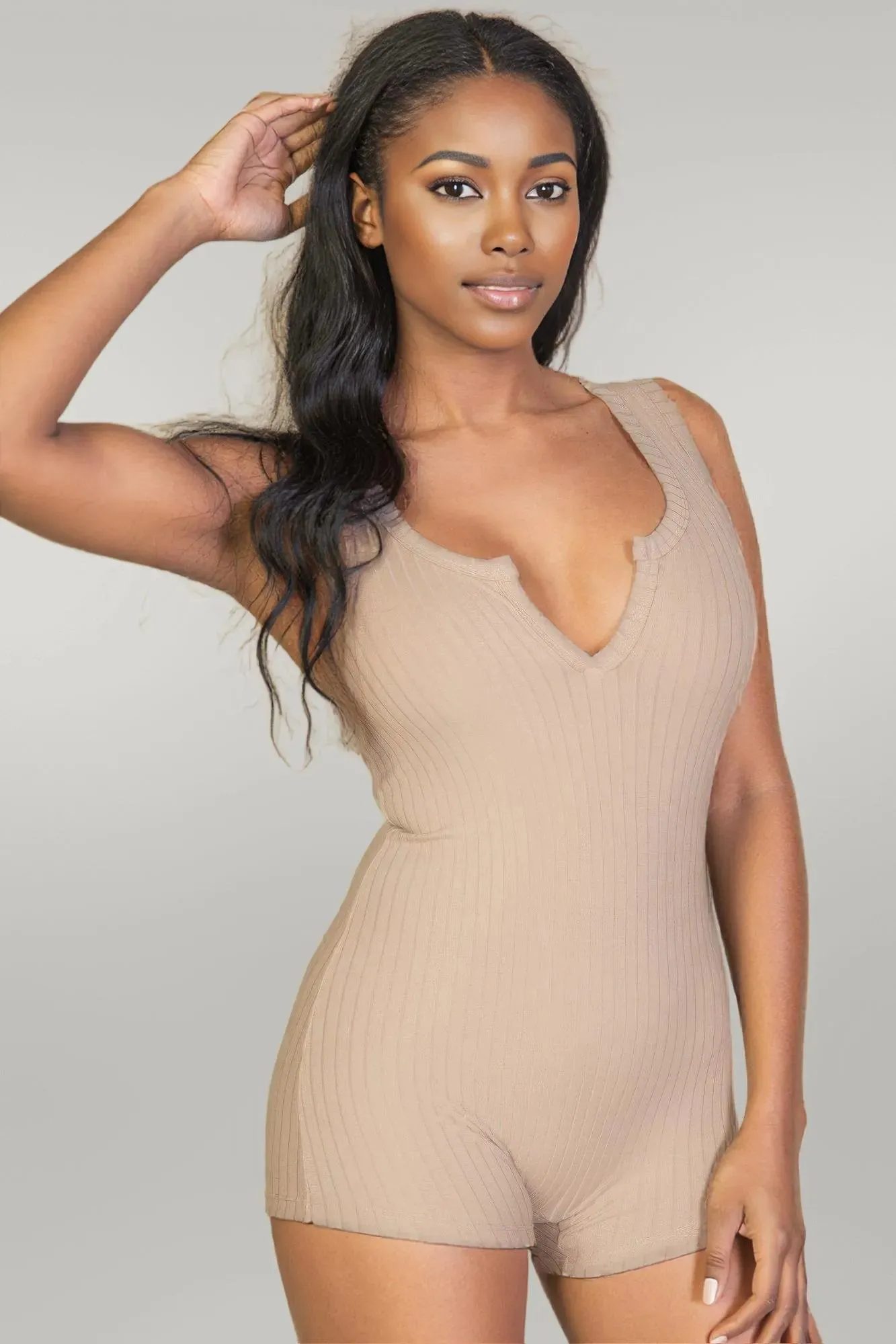 Solid Ribbed Slit Neckline Sleeveless Romper