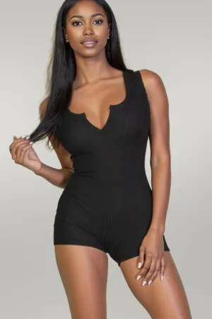Solid Ribbed Slit Neckline Sleeveless Romper