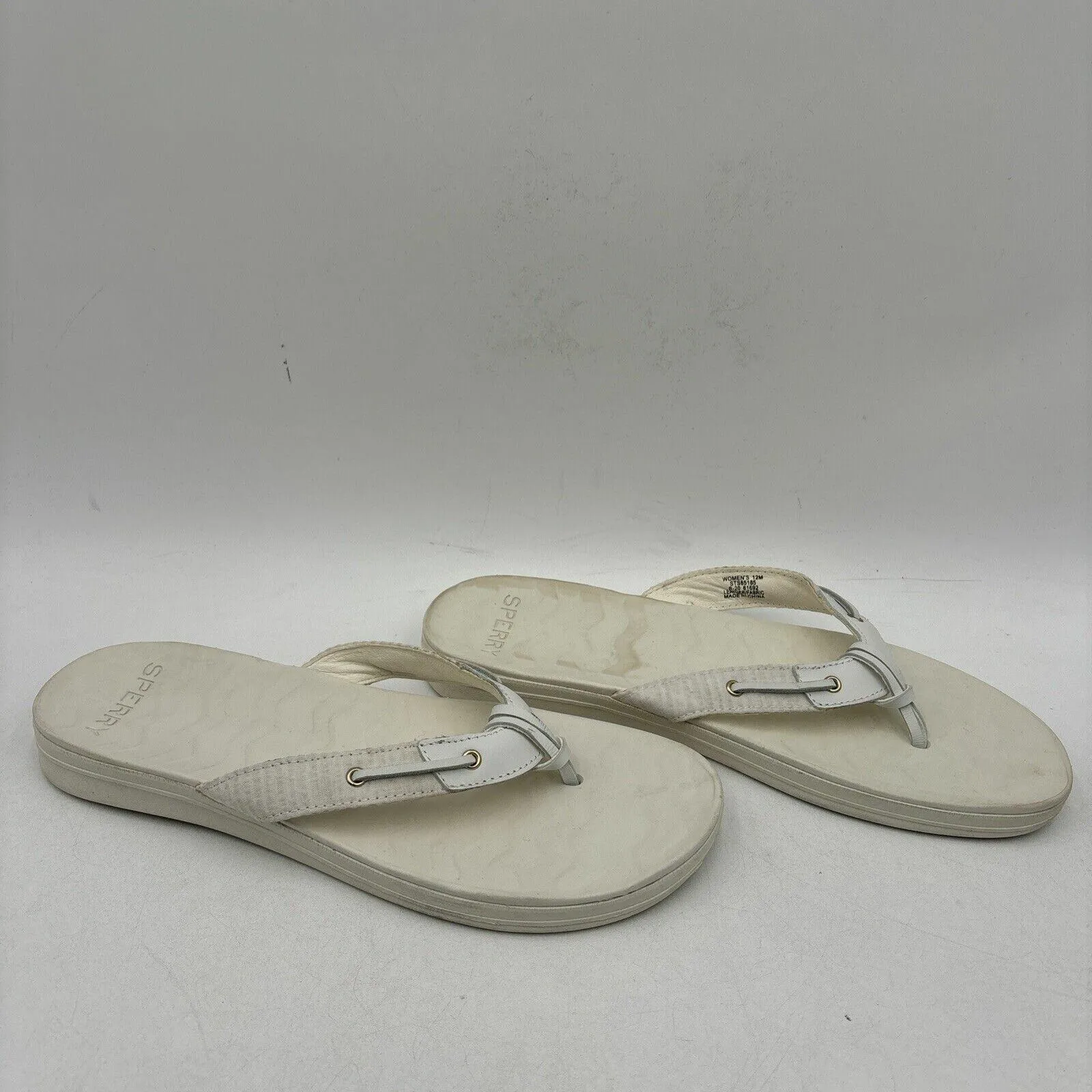 Sperry SEAFISH White Leather/Fabric Open Toe Flip Flop Sandals, Womens Size 12 - Very Good