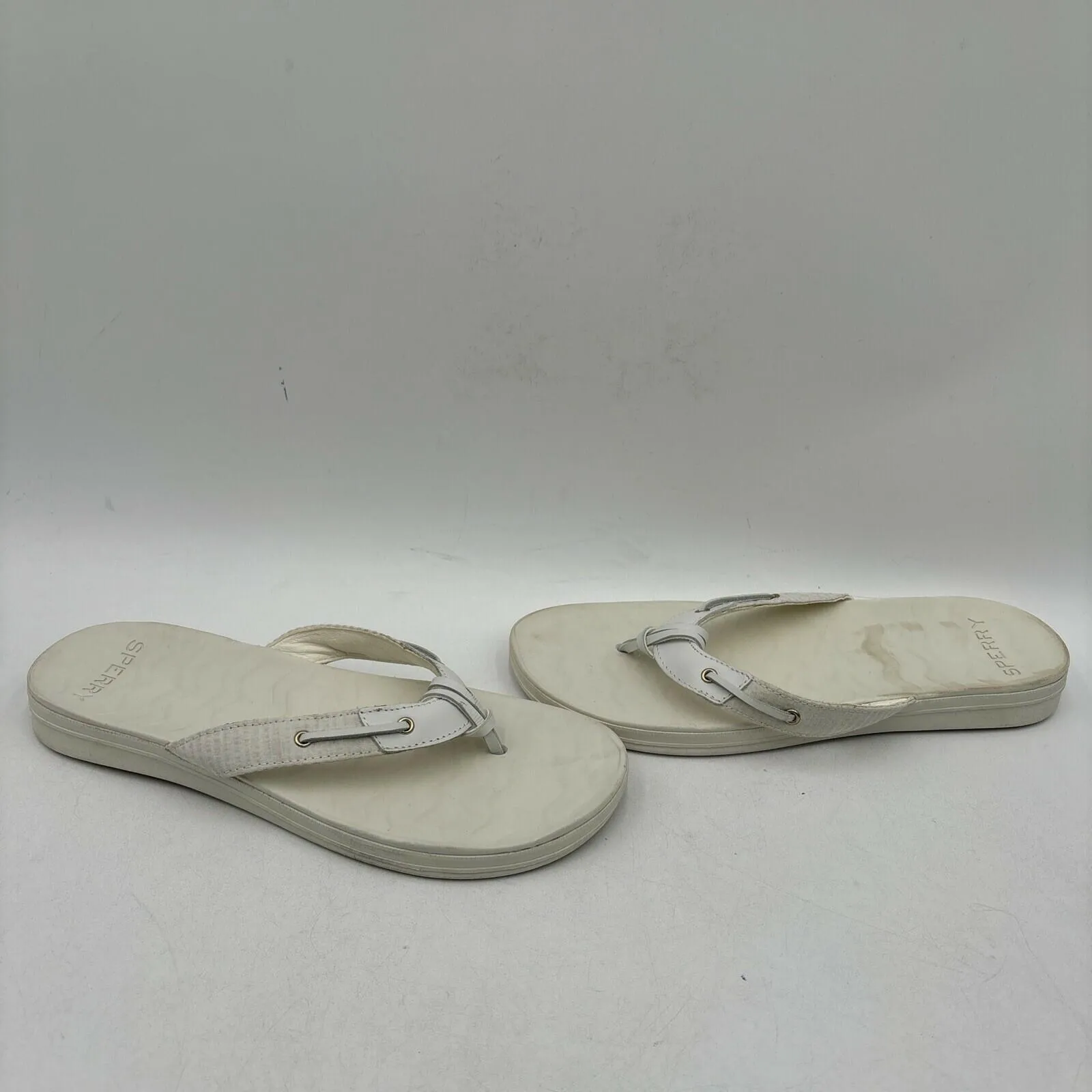 Sperry SEAFISH White Leather/Fabric Open Toe Flip Flop Sandals, Womens Size 12 - Very Good