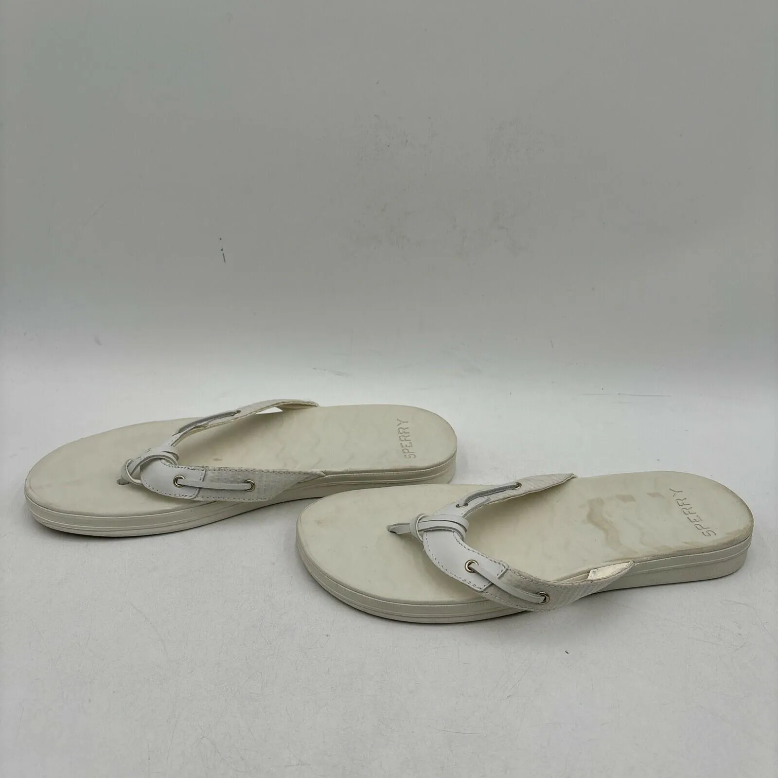 Sperry SEAFISH White Leather/Fabric Open Toe Flip Flop Sandals, Womens Size 12 - Very Good