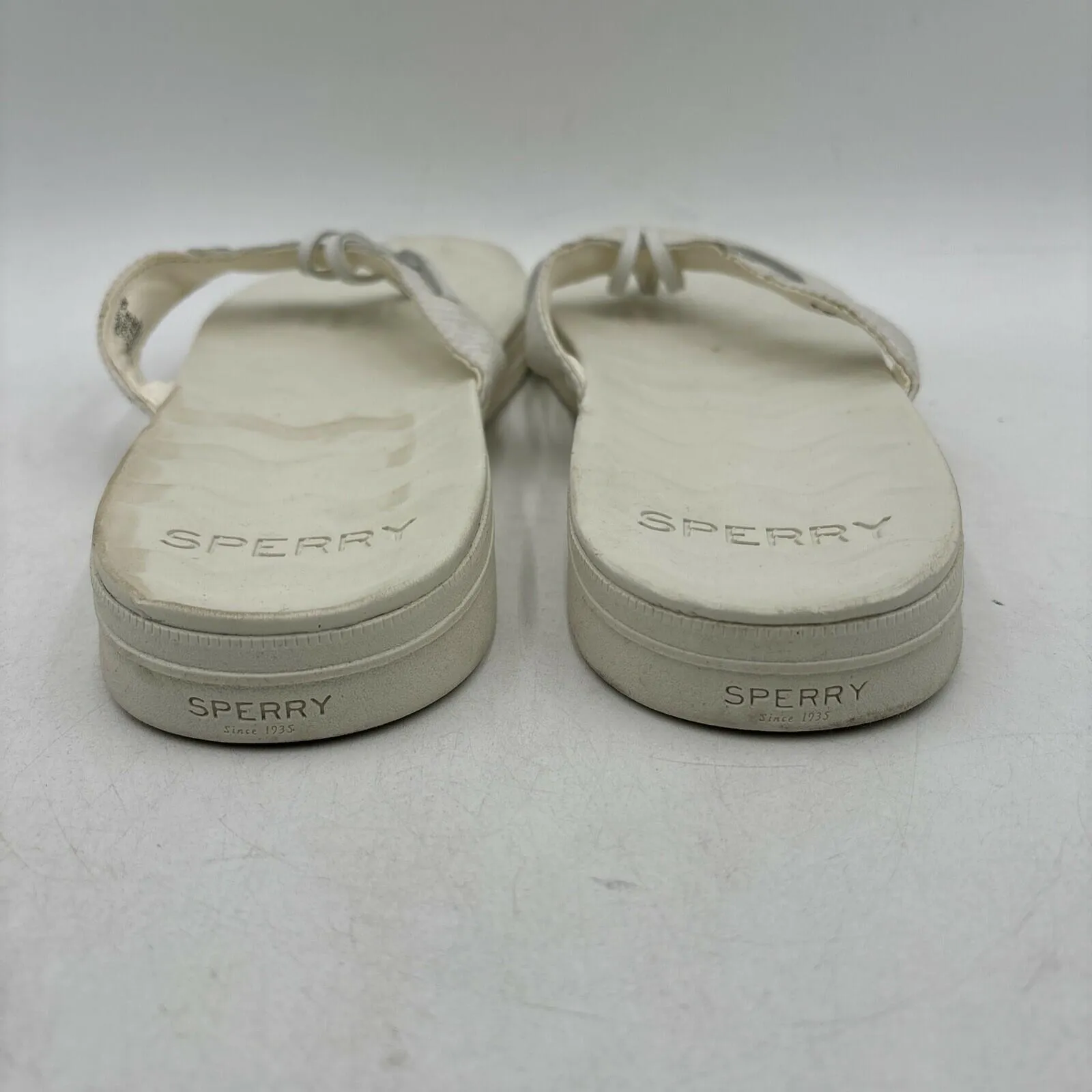 Sperry SEAFISH White Leather/Fabric Open Toe Flip Flop Sandals, Womens Size 12 - Very Good