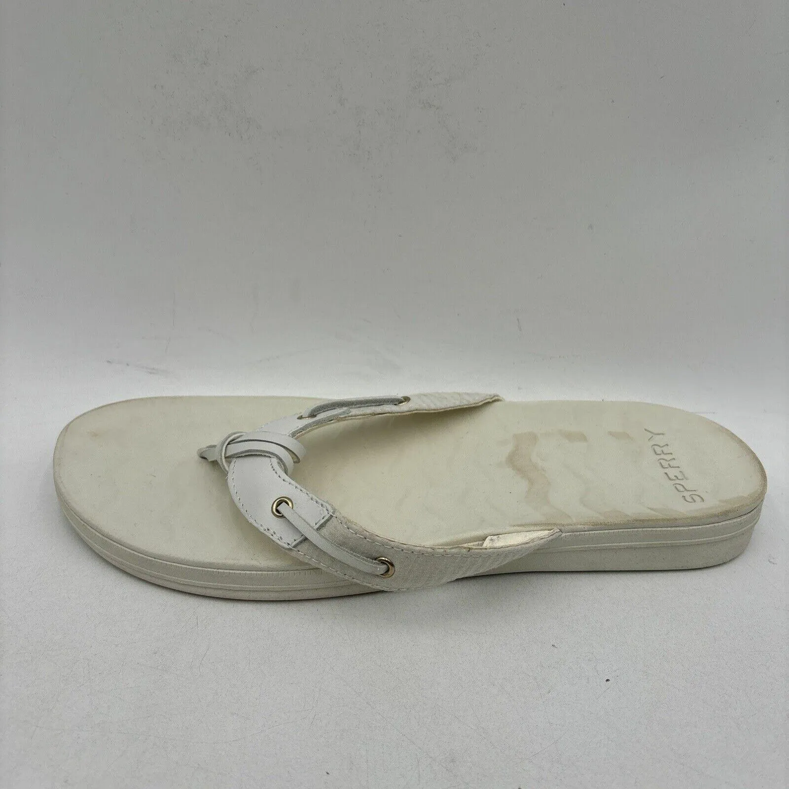 Sperry SEAFISH White Leather/Fabric Open Toe Flip Flop Sandals, Womens Size 12 - Very Good