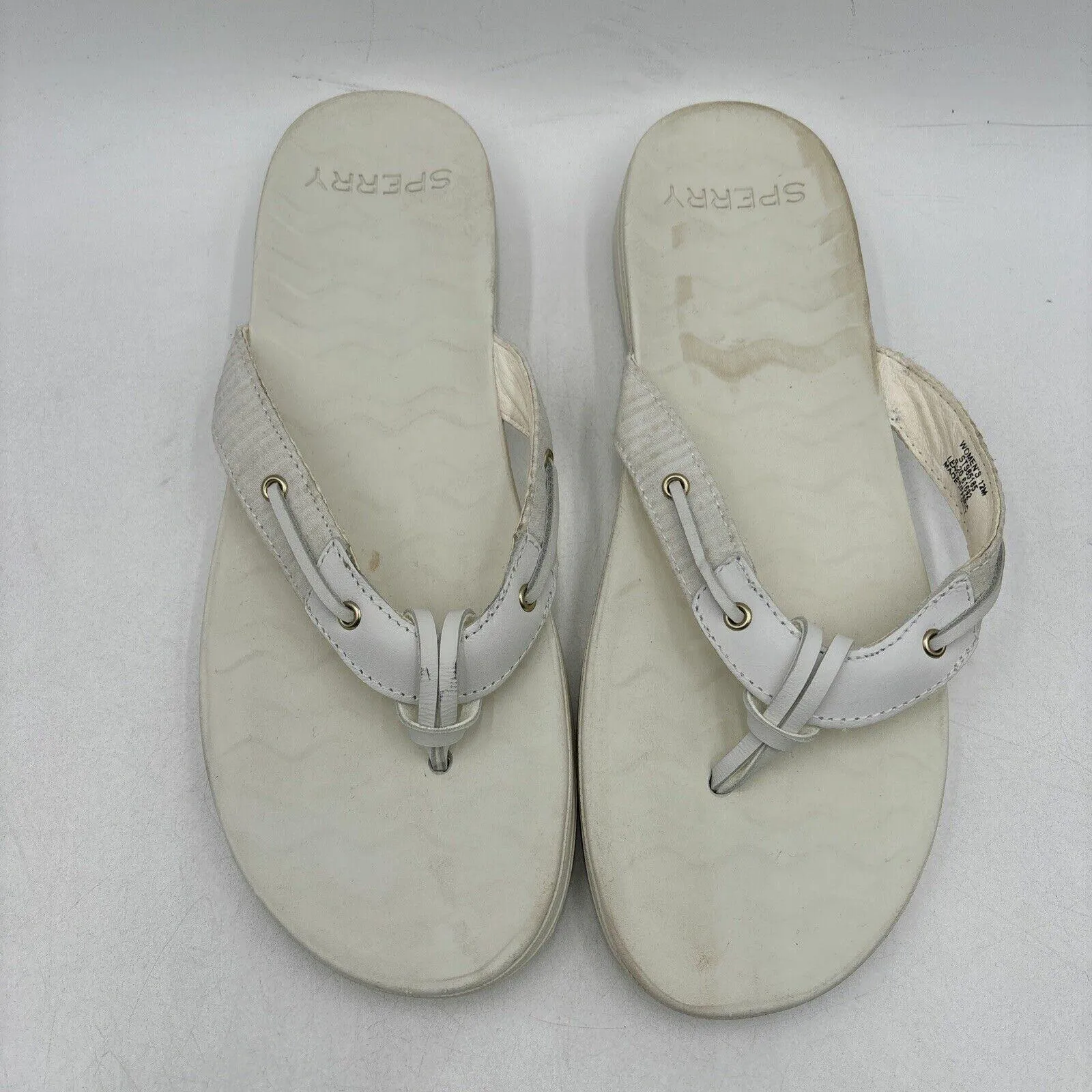 Sperry SEAFISH White Leather/Fabric Open Toe Flip Flop Sandals, Womens Size 12 - Very Good