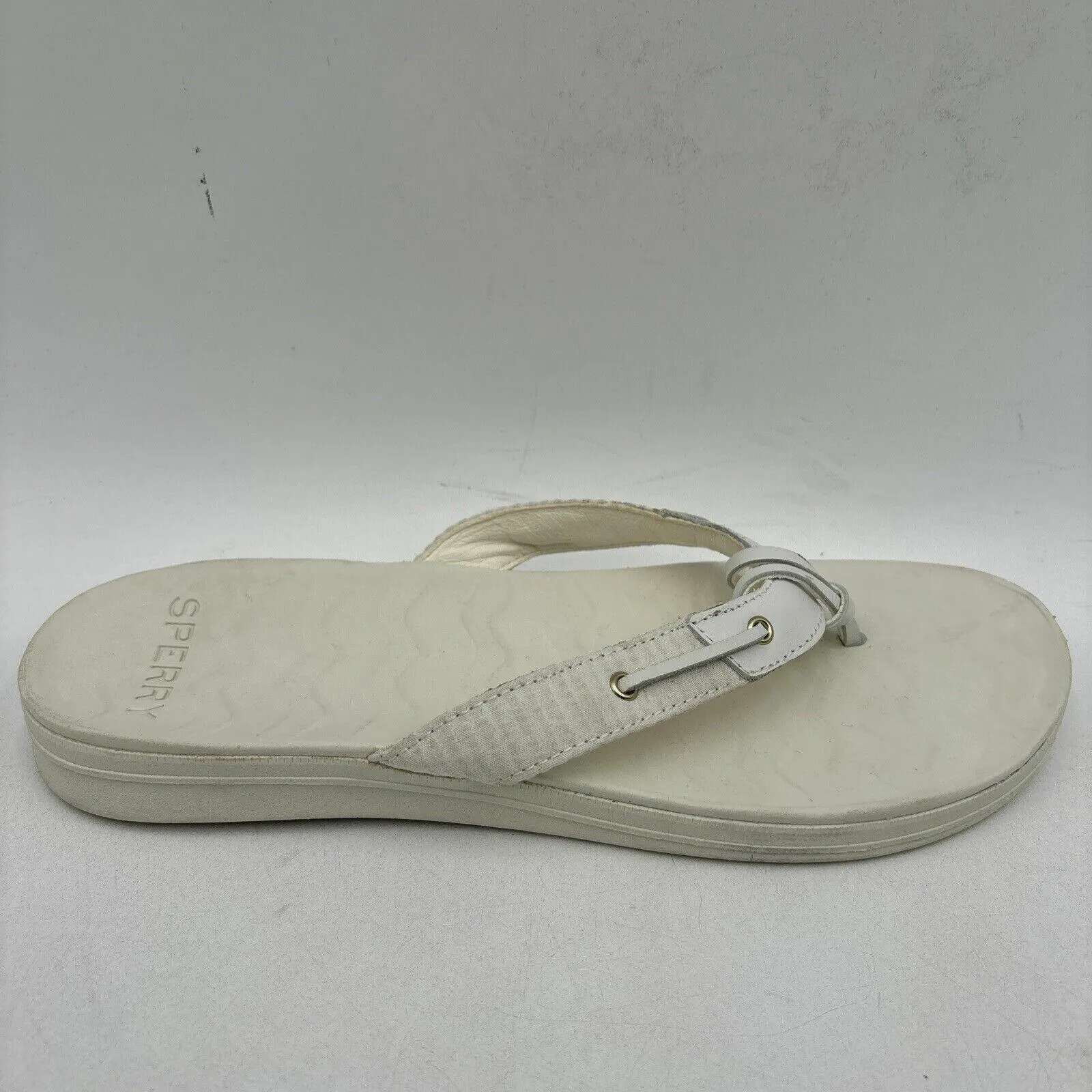 Sperry SEAFISH White Leather/Fabric Open Toe Flip Flop Sandals, Womens Size 12 - Very Good