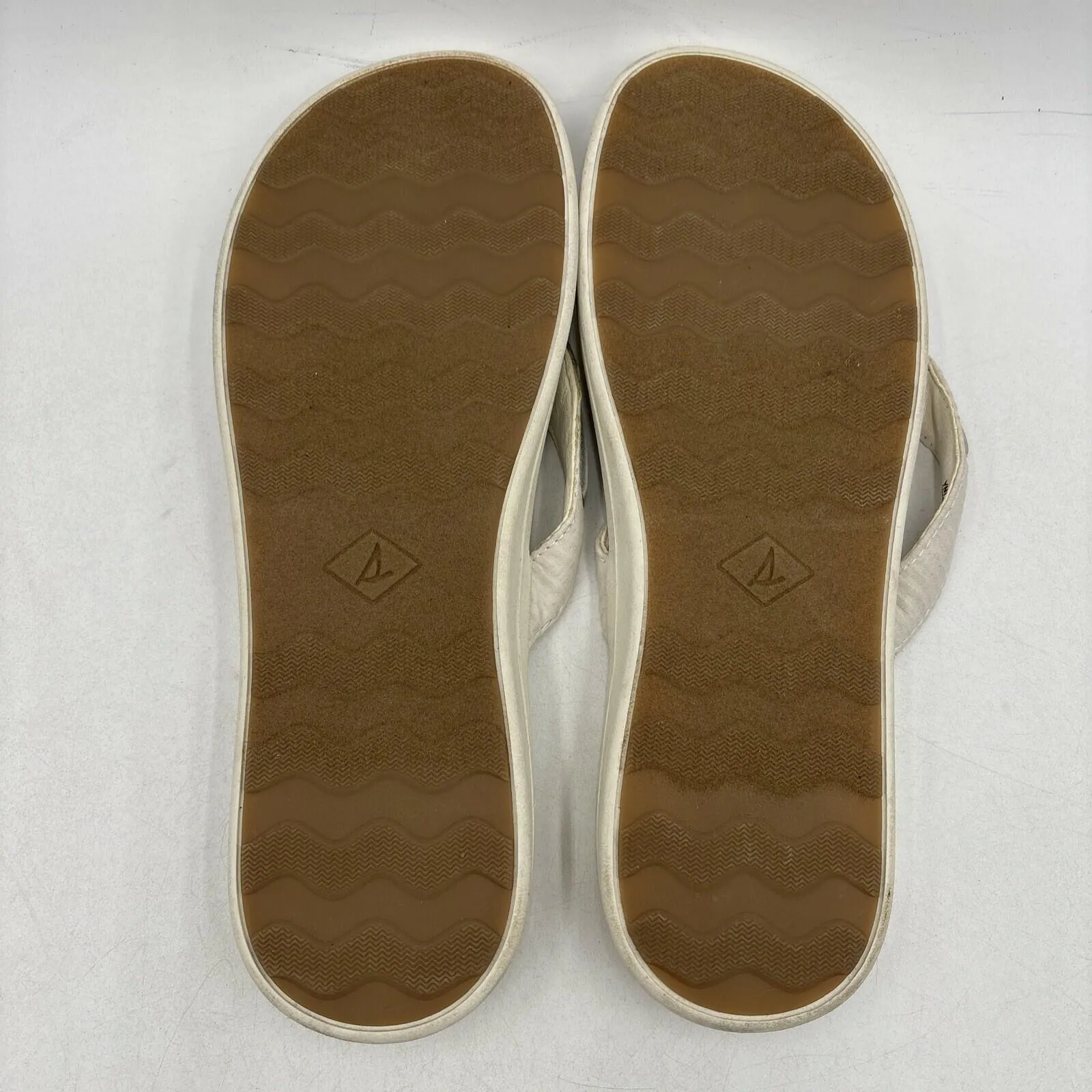 Sperry SEAFISH White Leather/Fabric Open Toe Flip Flop Sandals, Womens Size 12 - Very Good