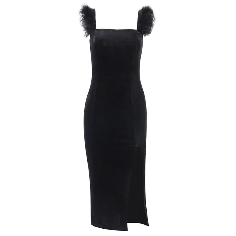 Square Collar Velvet Furry Sleeve Backless Party Midi Dresses