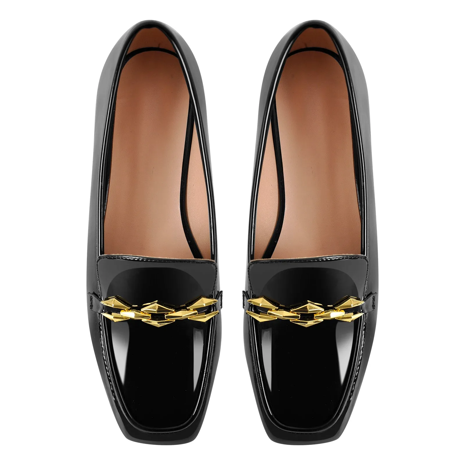 Square Toe Metal Chain Patent Leather Loafer Flats