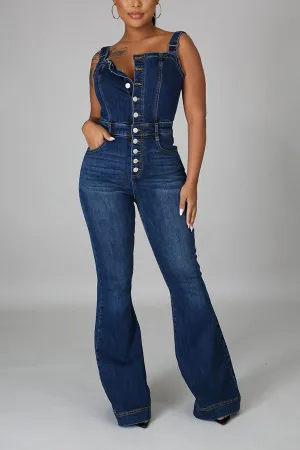 storexq Blue Boyish Single Breasted Demin  Jumpsuit