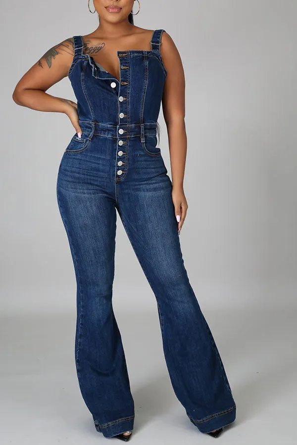 storexq Blue Boyish Single Breasted Demin  Jumpsuit