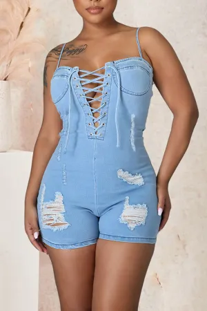 storexq Light Blue On-trend Lace-Up Ripped Denim Romper