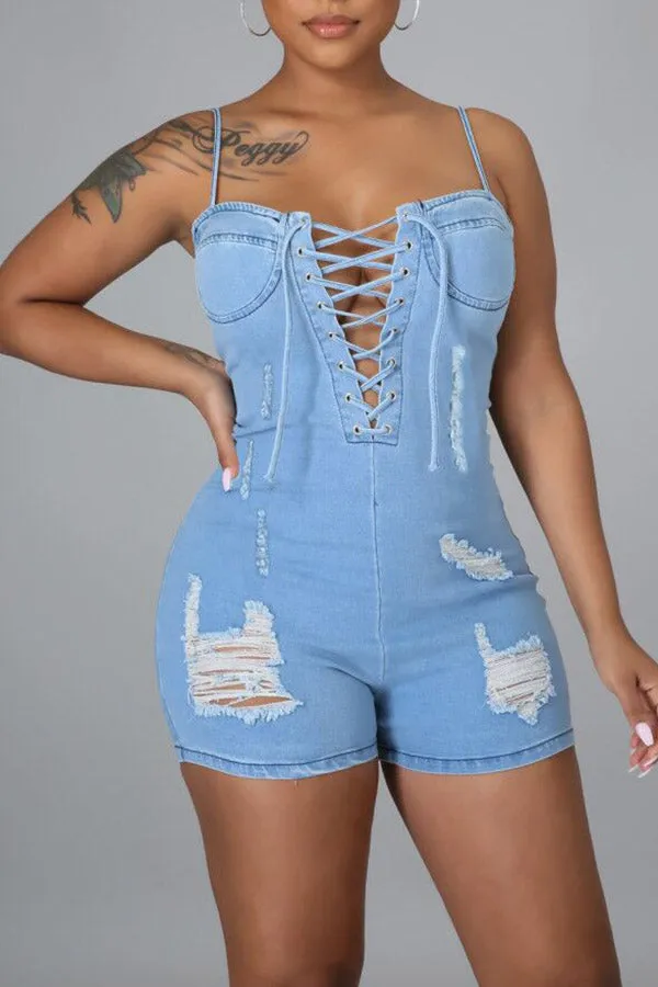 storexq Light Blue On-trend Lace-Up Ripped Denim Romper