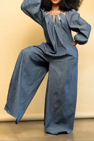 storexq O-ring Design Cutout Cool Wide Leg Denim Jumpsuit