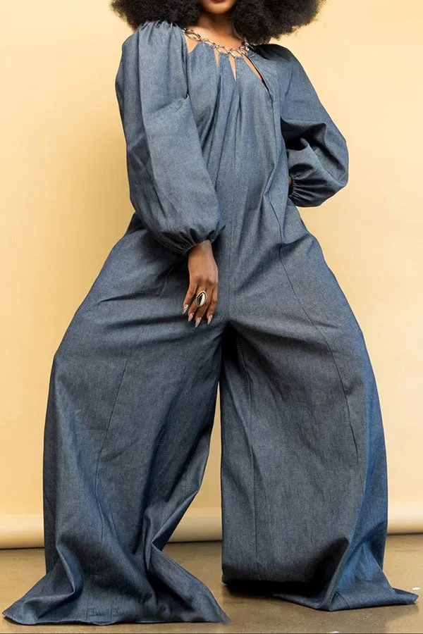 storexq O-ring Design Cutout Cool Wide Leg Denim Jumpsuit