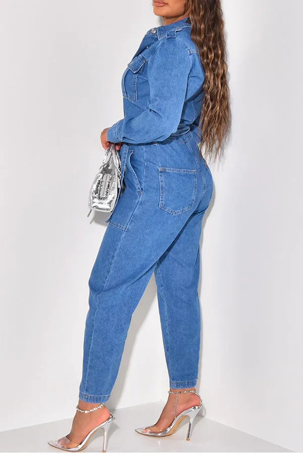 storexq Solid Color Denim Classic Pocket Belted Jumpsuit