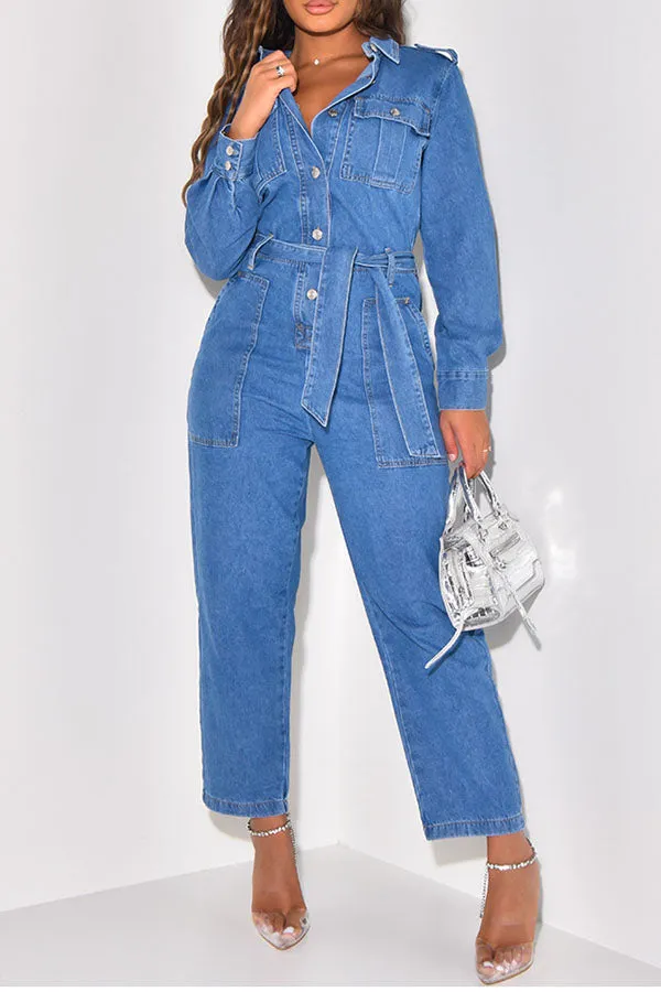 storexq Solid Color Denim Classic Pocket Belted Jumpsuit