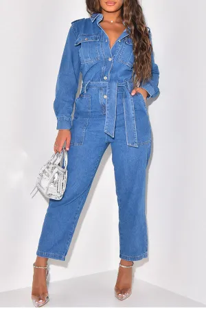 storexq Solid Color Denim Classic Pocket Belted Jumpsuit