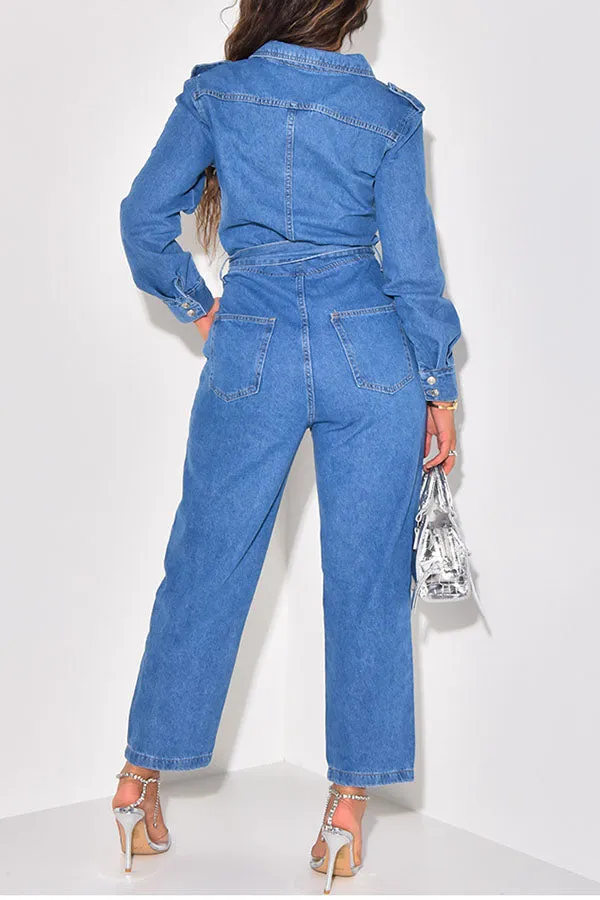 storexq Solid Color Denim Classic Pocket Belted Jumpsuit